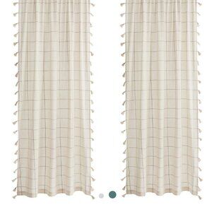 World Market Ivory and Charcoal Madras Pocket Sleeve Tassel Curtain Panels